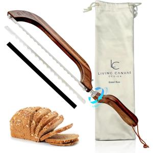 Bread Bow Knife for Homemade Bread, Wooden Sourdough Bread Slicer with 2 Replaceable Blades and Adjustable Handle, Stainless Steel Serrated Blade Bread Cutter for Breads Bagels Baguettes