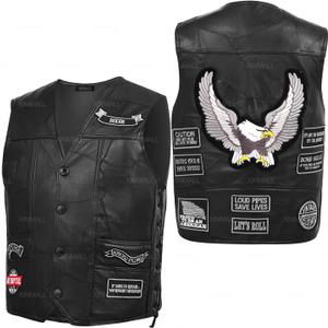 Motorcycle Genuine Leather Biker Vest for Men Club Style Classic Black With Patches (XX-Large, Black)