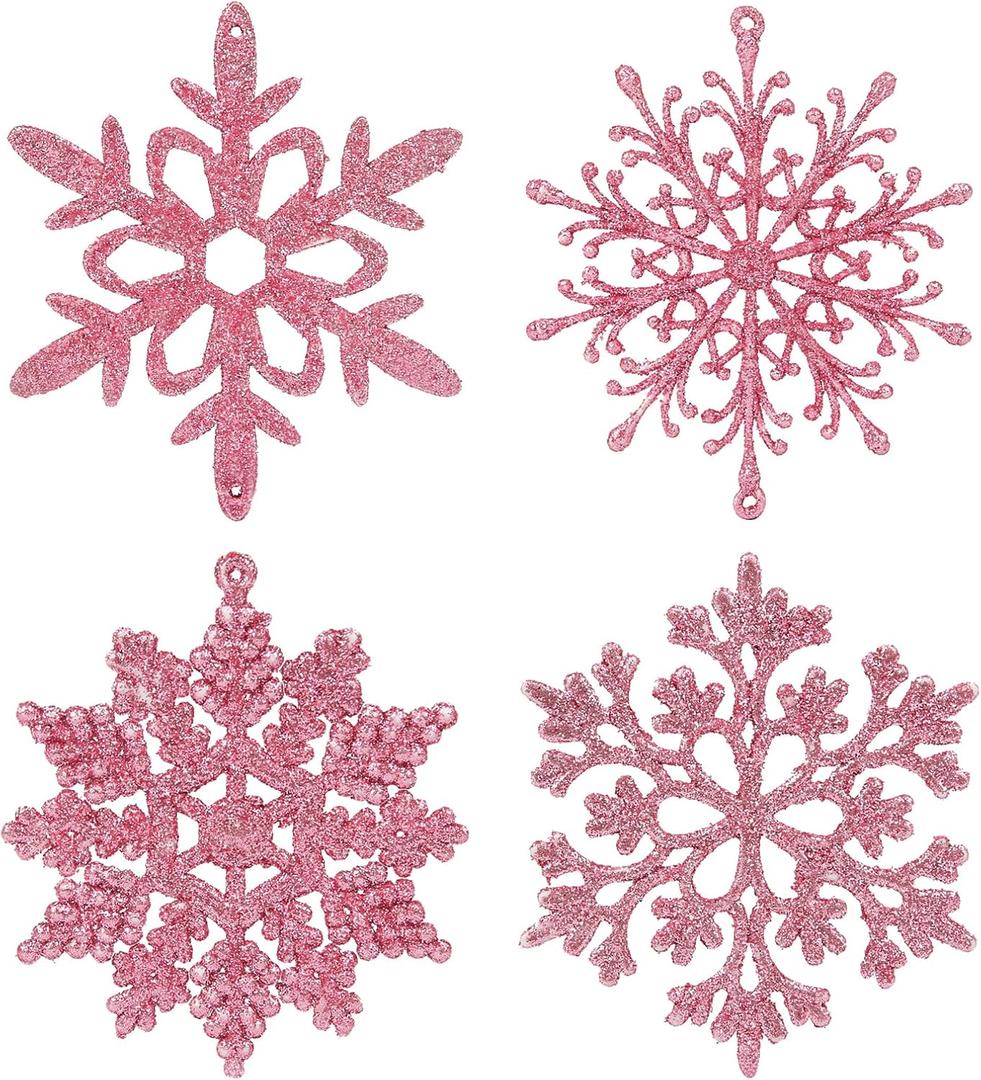Glitter Snowflake Ornaments, Pink Snowflakes Halloween Christmas 40pcs Hanging Decorations for Xmas,Holiday and Party