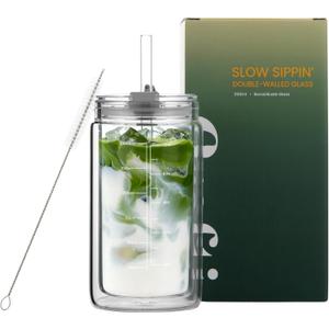 Crafti Slow Sippin' Glass Tumbler with Straw & Lid 11.8oz / 350ml Double-Walled Glass Coffee Cup, Matcha Cup with Volume Markings, Tritan Straw & Cleaner Reusable, BPA-Free Iced Coffee Tumbler