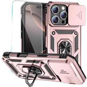 SunStory Phone Case for iPhone 16 Pro Case with HD Screen Protector & Slide Camera Cover & Rotated Ring Kickstand, [Military-Grade] Phone Case for iPhone 16 Pro 6.3" (Rosegold)