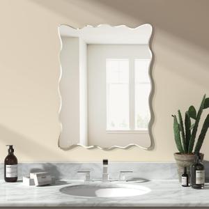 KOHROS Wavy Wall Mirror Frameless Bathroom Mirrors for Over Sink 18 x 24" Beveled Edge Mirror for Vanity and Entryway Hang Horizontally or Vertical