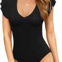 MANGOPOP Women's Deep V Neck Ruffle Sleeveless Body Suits Tank Top Bodysuit Going Out Sexy Fitted Summer Trendy Outfits (Medium, A01 Black)
