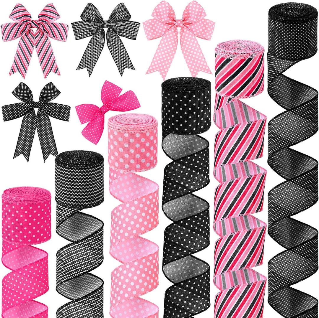 Janinka 6 Rolls Christmas Ribbons Wired Mouse Themed 2 Inch 30 Yard Black Pink Dot Craft Ribbon for Gift Wrapping Wreath Bows Home Birthday Crafts Party Decor Christmas Tree