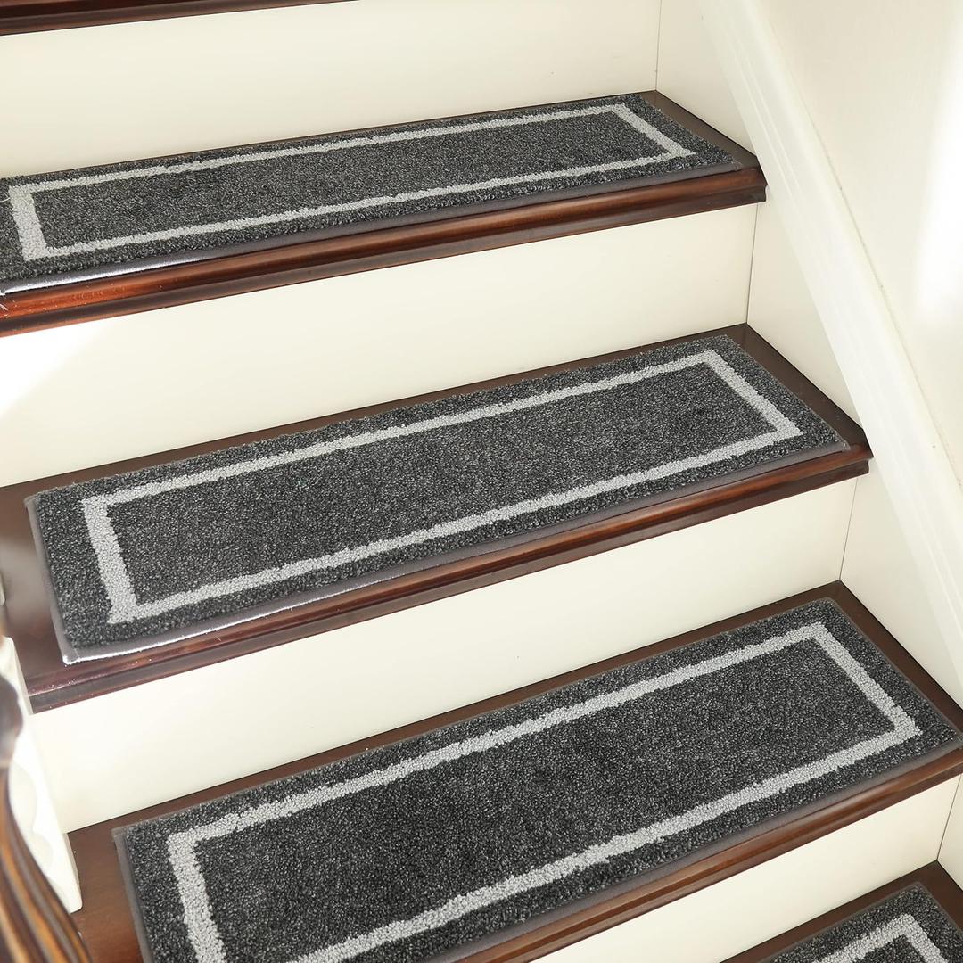 COSY HOMEER Soft Stair Treads Non-Slip Carpet Mat 28inX9in Indoor Stair Runners for Wooden Steps,Stair Rugs for Kids and Dogs, 100% Polyester TPE Backing 7pcs,Black,Square