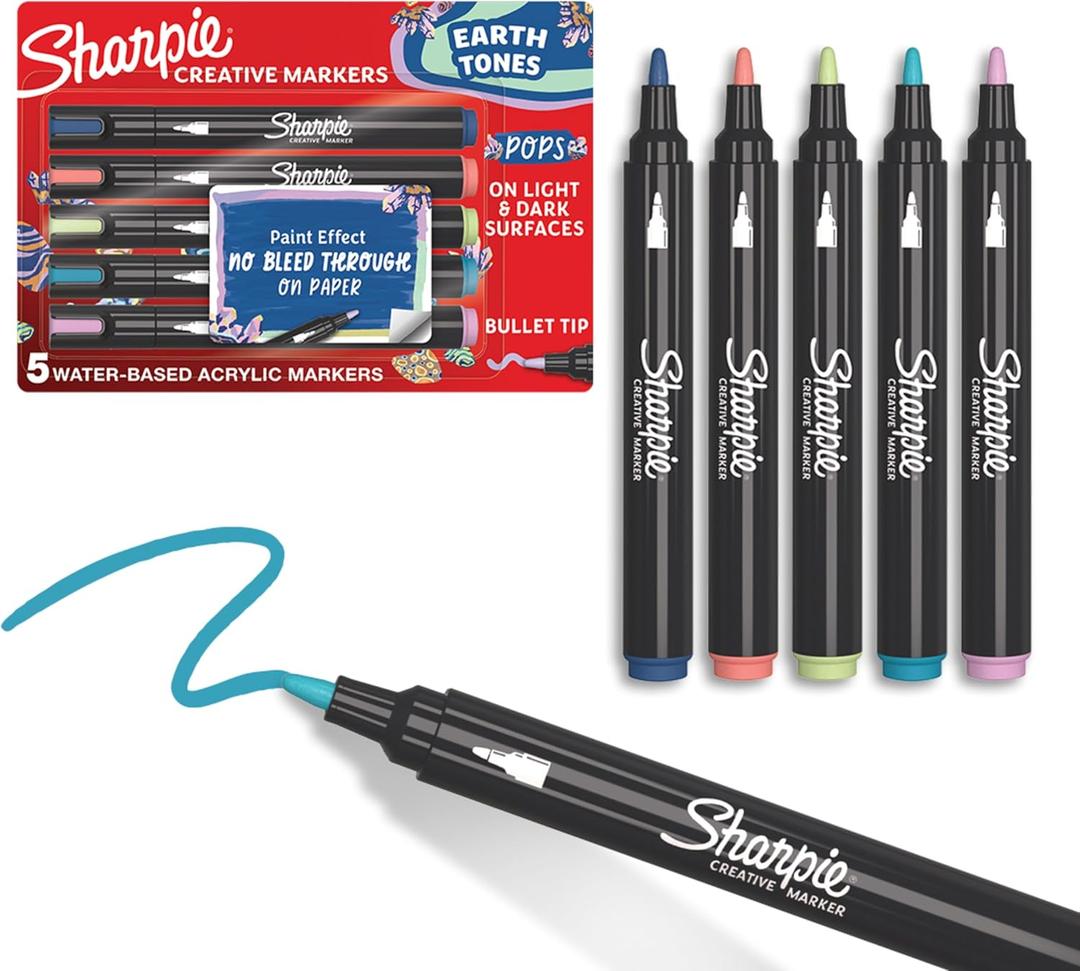 Sharpie Creative Markers, Earth Tones, Glowing Tropics, Water-Based Acrylic, Bullet Tip, Assorted Colors, 5 Count Arts & Crafts; Works on Paper, Metal, Wood, Ceramic, Glass, Rock, Canvas