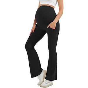 Women's Maternity Flare Leggings Over The Belly - Casual Pregnancy Yoga Pants with Pockets Buttery Soft XL