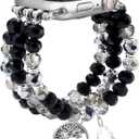 Bracelet Beaded Bands for Women Compatible with Apple Watch Band 42mm 44mm 45mm 46mm 49mm Fashion Handmade Boho Elastic Stretch Strap for iWatch Series 10/9/8/7/6/5/4/3/2/1/SE/Ultra 1 2 (A1 Black Silver)