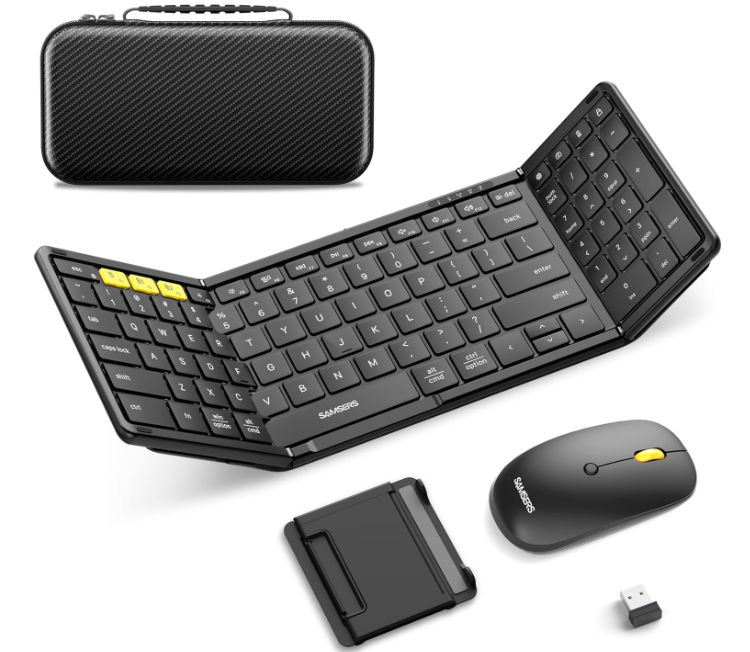 Foldable Keyboard and Mouse, Samsers Folding Bluetooth Keyboard Combo, 2.4G + BT5.0 x 2, FullSize Portable Travel Keyboard & USBC Rechargeable Wireless Mouse for Windows Android iOS Mac OS