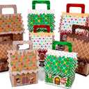 HOWAF 24Pcs Christmas Kraft Paper Gift Boxes, Candy House Shape Treat Boxes with Handle Xmas Gingerbread House Candy Boxes for Christmas Birthday Winter Holiday Party Supplies Favor Decorations