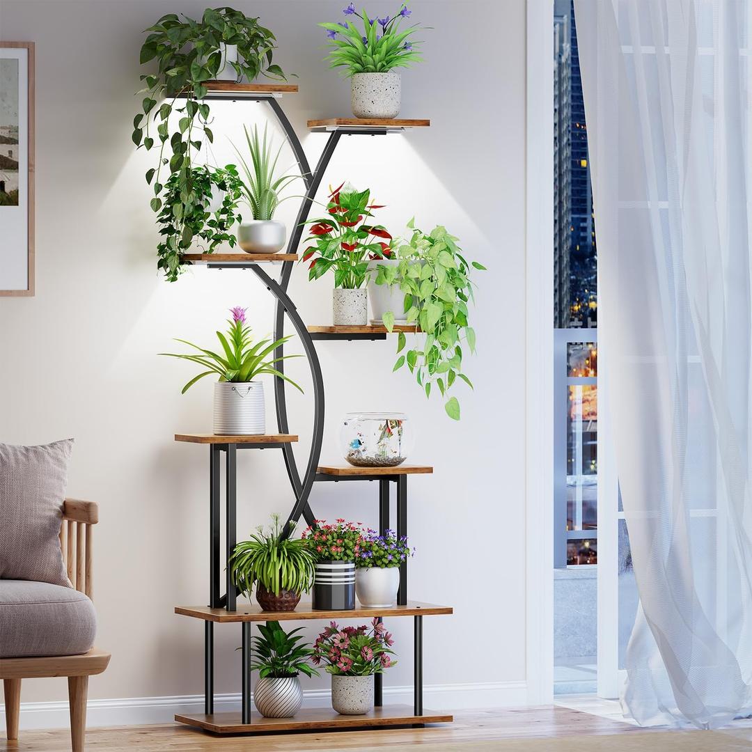 Plant Stand Indoor with Grow Lights - 8-Tier Indoor Plant Shelf, 68.11" Tall Lighted Corner Plant Stand, S-shaped Large Flower Holder for Living Room, Balcony & Patio (Dark Brown)