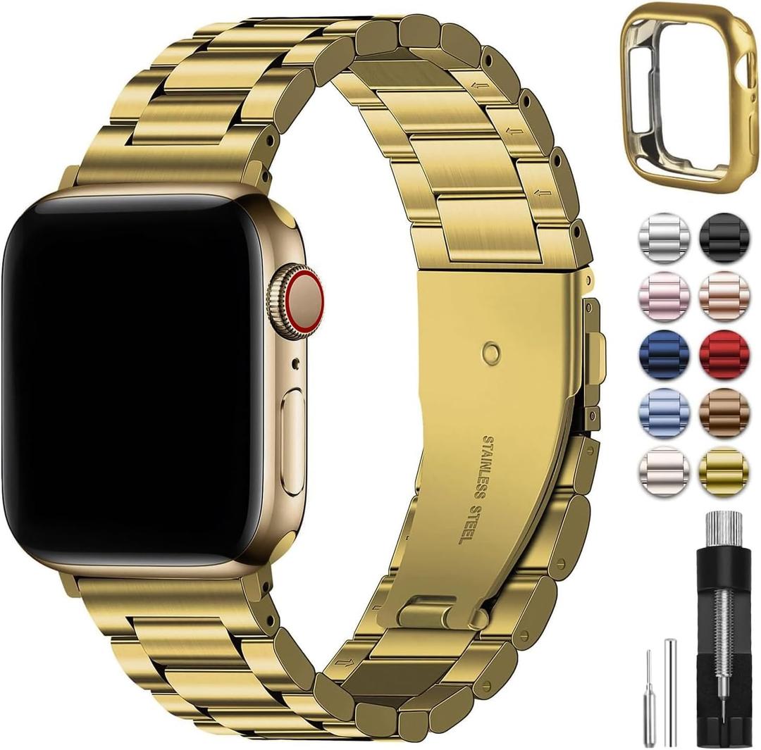 Fullmosa Compatible Apple Watch Bands 45mm 44mm 42mm, Metal iWatch Band with Case for Apple Watch Series 9 8 7 6 5 4 3 2 1 SE SE2, Golden