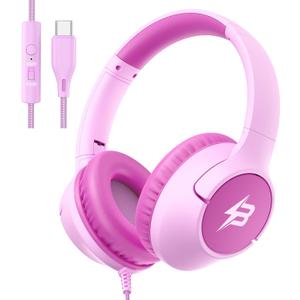 Kids Headphones Wired with USB C Plug, 85/94 dB Volume Limit Foldable USB Type C Headphones for Kids Girls, Plug in Headphones Corded Over Ear Wired Headphones for School/Tablet/Travel, Fuscia Pink