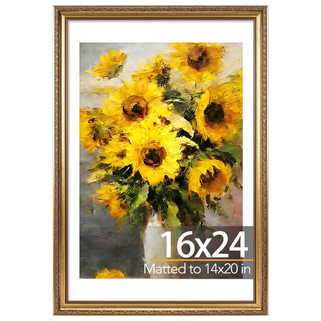 JCJMY 16x24 Vintage Picture Frame for Poster Photo Picture and 40x60 cm Canvas with 14x20 Mat, Elegant Retro 16 by 24 Photo Frame with Shatter-Resistant Plexiglass for Wall, Gold, 2 Pack