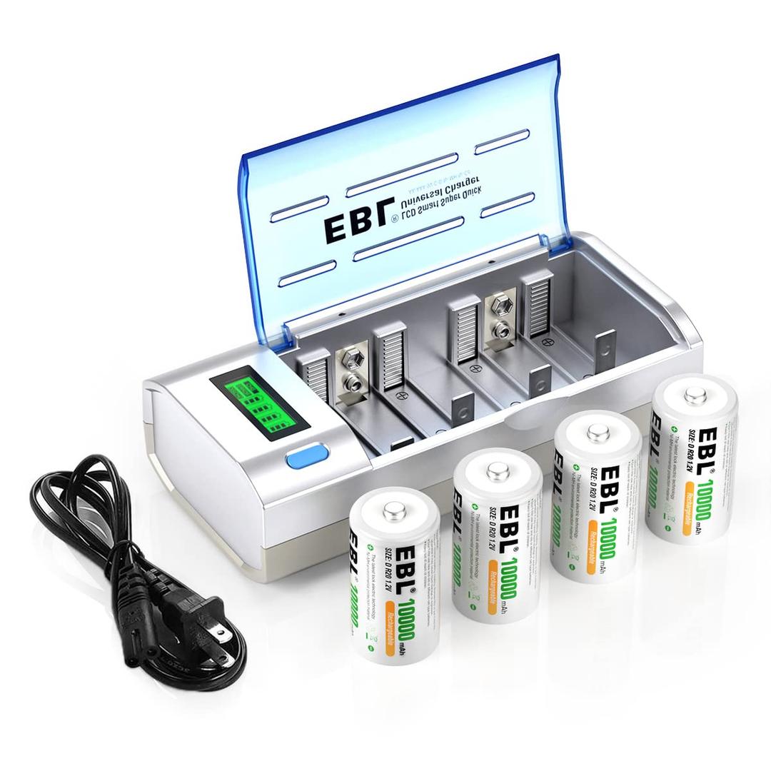 EBL D Cells 10000mAh Rechargeable Batteries (4 Counts) with C D 9V AA AAA Battery Charger