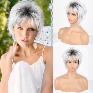 CINHOO Womens Bob Wigs for White Women Short Straight Bob Wigs with Bangs Brown Wig Short Wigs for Women and Multi-Tonal Shades of Blonde,Brown and Red (grayish white)