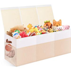 Extra Large Toy Storage Box with Lid, Collapsible Sturdy Toy Chest Storage Organizer Bin Basket with Divider for Kids, Boys, Girls, Closet, Playroom, Bedroom, Nursery, 40"X14"X16", Beige & White