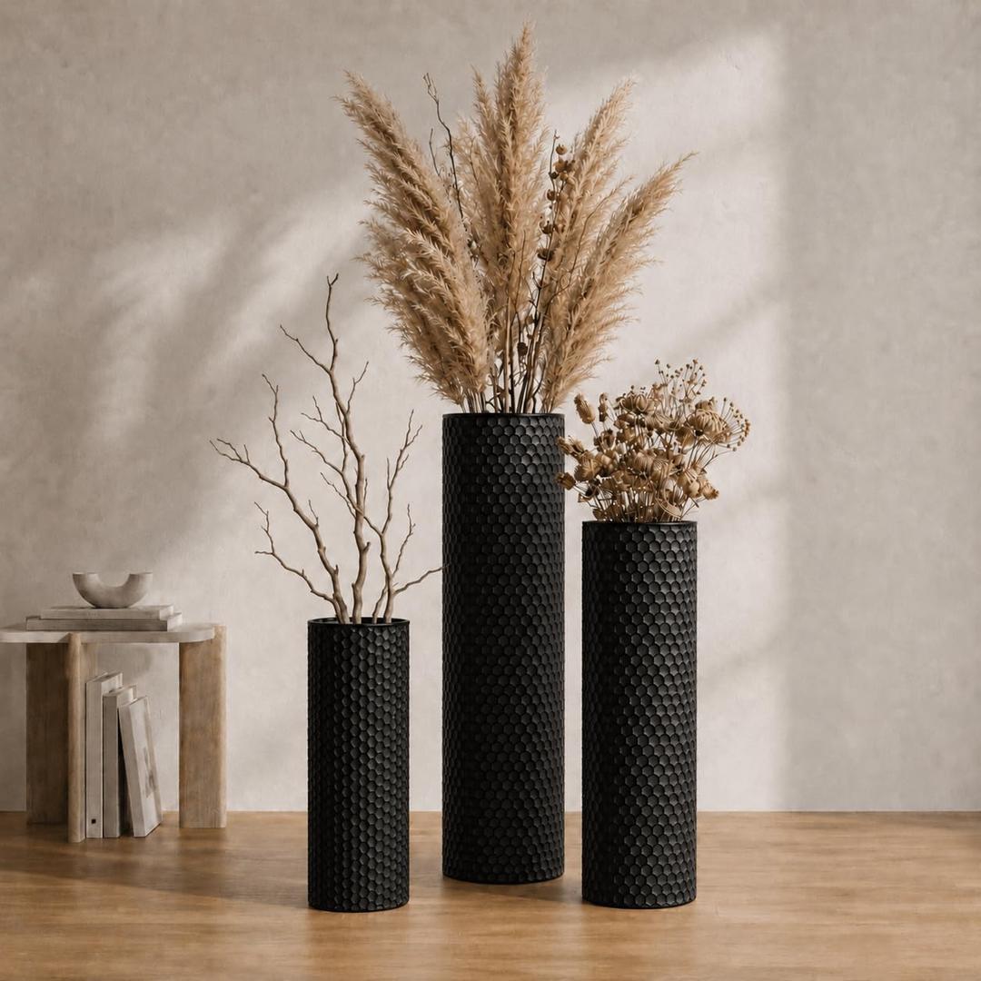 Black Tall Floor Vases Set of 3, 27 Inch Large Metal Decorative Vases with Honeycomb Texture- Modern Cylinder Floor Vase for Living Room Corner, Pampas Grass＆Dried Flowers, Home Decor (Black)