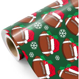 WRAPAHOLIC Football Christmas Wrapping Paper - Mini Roll - 17 Inch x 16.5 Feet - Snowflakes and Santa Hat Football Wrapping Paper for Christmas, Sport Party, Holiday, Party Celebration