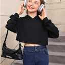 WDIRARA Girl's Cute Cat Ear Crop Tops Long Sleeve Causal Plain Hoodie Sweatshirt Shirt Pure Black Solid 8Y (Black)