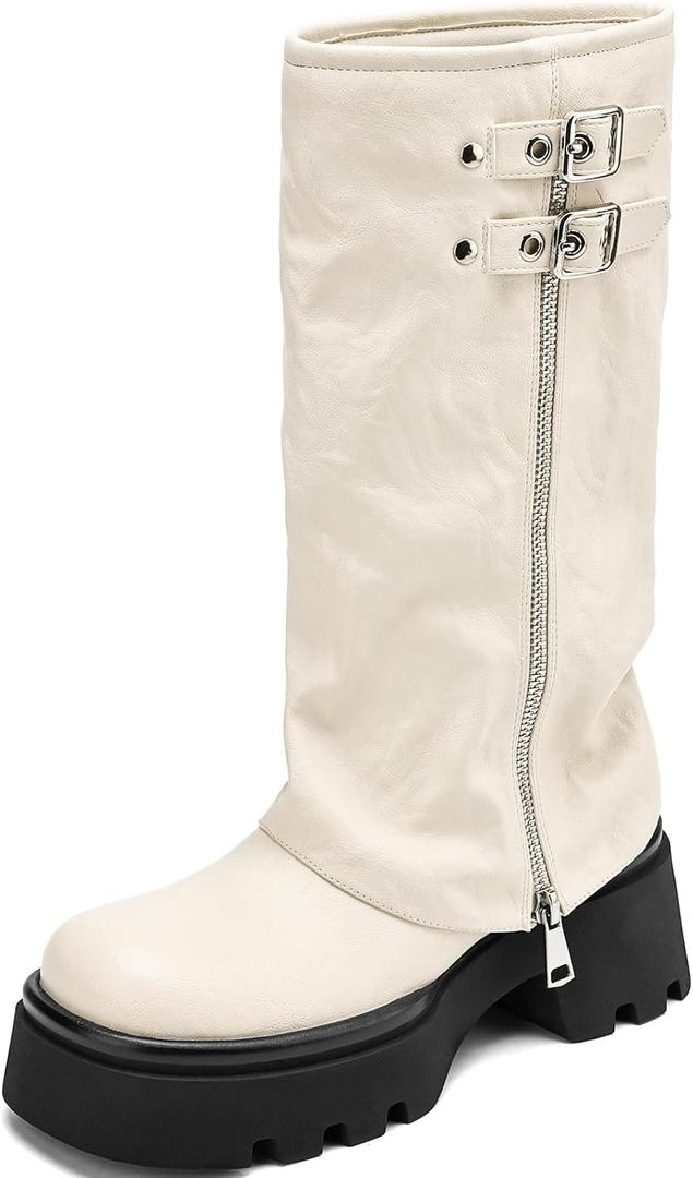 Knee High Boots Women Chunky Platform Moto Riding Boots Slouchy Fold Over Wide Calf Motorcycle Biker Boots for Women with Fashion Buckle (7, White)
