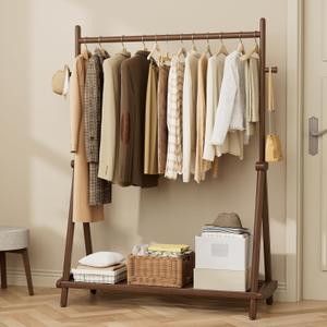 Solid Wood Clothes Rack with Wheels,Freestanding Garment Rack & Coat Tree,Extra-Long 42.5" Hanging Rod, Double Storage Shelves for Bedroom, Entryway, Hallway
