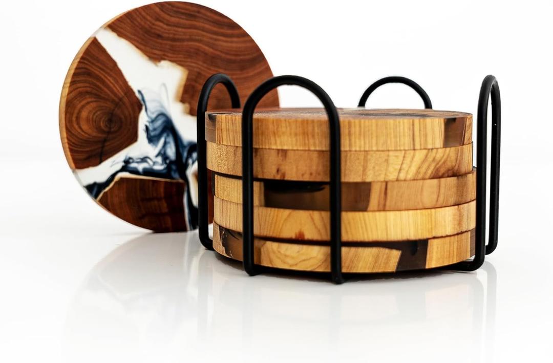 Round Cedar Wood Coasters Set of 6  Epoxy Resin Drink Coasters  Rustic Cup Coasters Perfect for Coffee Cups, Wine Glasses, Beer Pints  Modern Coaster Set with Cedar Scent  6 pcs