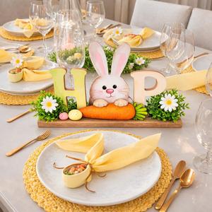 Easter Table Decorations, Wooden Bunny Tabletop Decor with HOP Sign, Rustic Farmhouse Table Centerpiece, Spring Decorations for Home, Easter Bunny Home Decor for Tiered Tray, Mantel, Shelf, Entryway & office