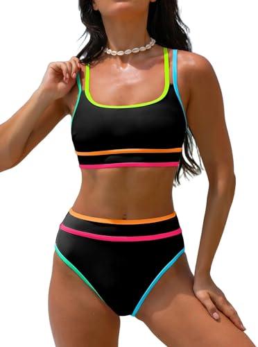 popvil Women's High Waisted Bikini Sets Neon Two Piece 2026 Swimsuit Sporty Adjustable Straps 2 piece Bathing Suit Ladies Beach Summer, Black, Medium