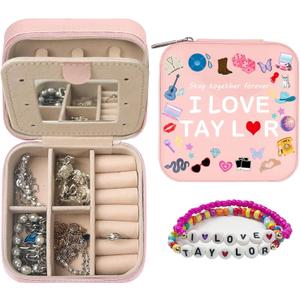 GLOONITY Jewelry Box as Christmas Gifts for Teens, Taylor Merchandise, Small Jewelry Case with Mirror and 2 Pcs Bracelets for Fans, Taylor Merch Jewelry Box as Birthday Gifts for Girls - Pink