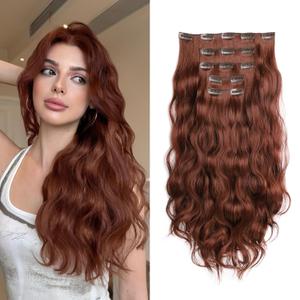 Copper Red Fake Clip in Hair Extensions For Women 18" Long Wavy Synthetic Invisible 5PCS Soft And Easy Installation Thick Curly Ins Hairpieces For Weddings Party Daily Use 6 Oz Auburn