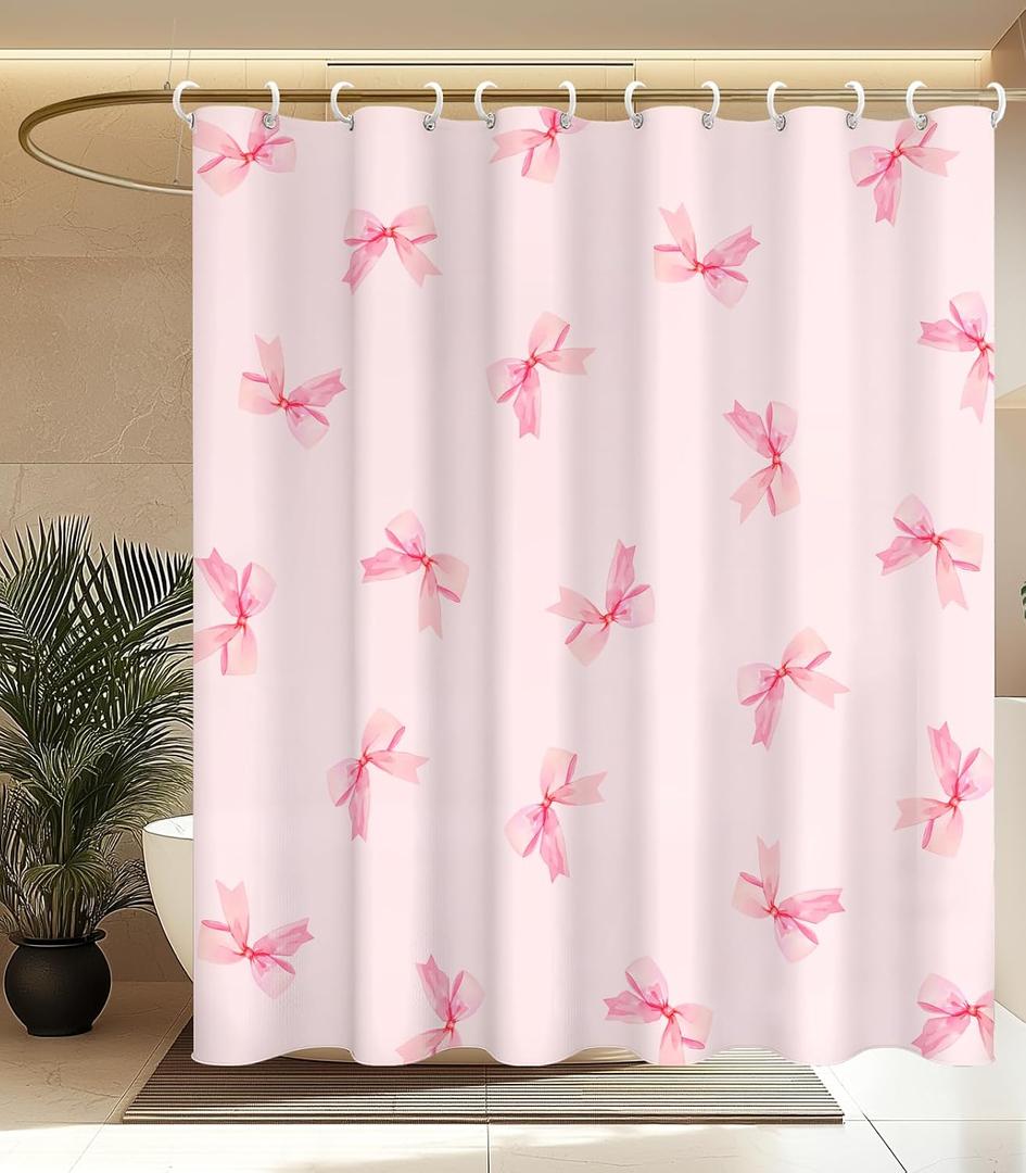 MAMUSE Shower Curtain for Bathroom - Cute Aesthetic Decorative Modern Girly Unique Girls Design Pretty Women Waterproof Fabric Cloth Cortinas de Bao Bathtub 72 x 72 Inch, Pink Bow