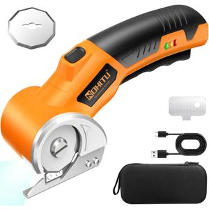 Cordless Electric Scissors: 4V Rechargeable Rotary Cardboard Cutter, 3000mAh Battery, with LED Light, 2 Blades, Box Cutter for Fabric Carpet Carton Plastic Leather Cloth(Yellow)