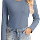 HWOKEFEIYU Women Long Sleeve Shirts Casual Tops Blouses Fashion Pleated Tunic Fall Clothes Crew Neck Slim Fitted 2024 (XL)