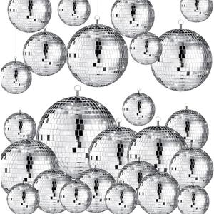 Sumind 25 Pcs Christmas Disco Balls Decor Silver Mirror Disco Balls Hanging Decor Assorted Reflective Wedding Dance Music Festivals for Stage Club Ballroom Hall Prop (3.2'' 4'' 6'' 8'')