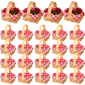 Geelin 36 Pcs Mini Woven Basket with Handle and Red White Gingham Paper Napkins Wood Chip Mini Flower Fruit Picnic Basket Chip for Easter Spring Wedding Party Gift Decoration (Small)