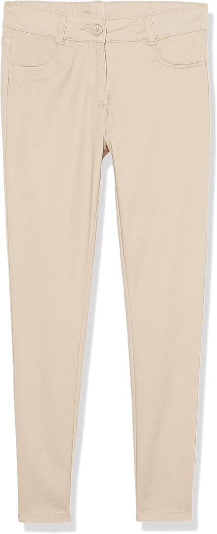 Izod Girls School Uniform Adaptive Chino Pants, Adjustable Waistband & Faux Buttons, Velcro Closure (5, Khaki)