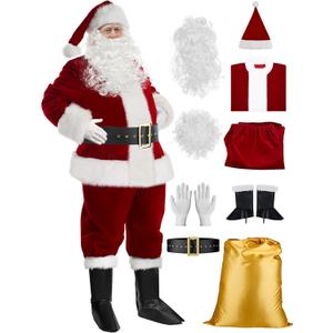 Mannice Santa Claus Costume for Men 9PCS, Christmas Santa Costume Adult Deluxe Santa Suit Professional Santa Outfit (XX-Large, Wine Red)