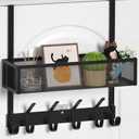 Over The Door Hooks Organizer, Over The Door Towel Rack with Mesh Basket, 10 Coat Hooks and 2 Wreath Hangers, Bathroom Door Organizer Back of Door Hanger for Bedroom, Kitchen(Black)
