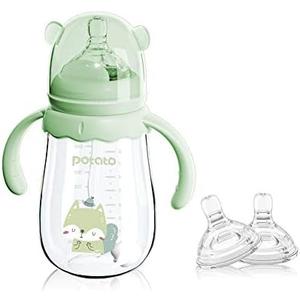 POTATO Glass Baby Bottles, Anti-Colic Breastfeeding Bottles with Fast Flow Nipple, Suitable for Babies 6-12 Months, 2 Replaceable Nipples, 8 oz, Green