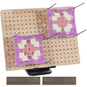 9.8 x7.7 inches Crochet Blocking Board with Pegs, Wooden Blocking Boards for Granny Square Projects, 20 Pcs Stainless Steel Rods