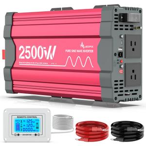 2500 Watt Pure Sine Wave Power Inverter 12V DC to 110V 120V Converter for Home, RV and Off-Grid Solar Systems with Type-C Port, 2 AC Outlets, Dual USB Ports, Remote Control with LCD Screen