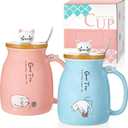 Cunhill 2 Pack Cute Cat Mugs - Cat Couple Mug Set with Lid, Ceramic Tea Cups with Lovely Kitty, Stainless Steel Spoon, 420 ml