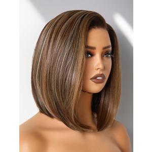 GORGIUS Brown Highlight Bob Lace Front Wig Glueless Straight Short Wigs Upgrade with Human-Hair-Like Sythetic Hair Pre Cut Pre Plucked Side Part Hairline 12 Inch