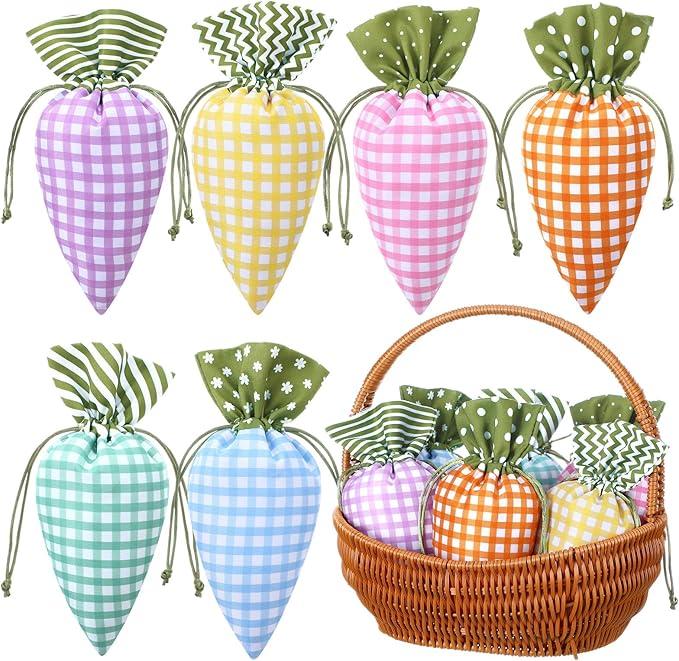 SilTriangle 24 Pcs Easter Carrot Shaped Treat Bags Easter Basket Stuffers Fabric Drawstring Candy Gift Goodie Bags for Egg Hunt Outdoor Party Supplies (Plaid Style)
