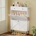 Shoe Cabinet with 2 Flip Drawers Freestanding Shoe Organizer with 2 Fabric Drawers Farmhouse Flip Shoe Storage Cabinet Narrow Shoe Rack Cabinet for Entryway, Hallway, Living Room, White, 29.5"L X 8.7"W X 43.8"H