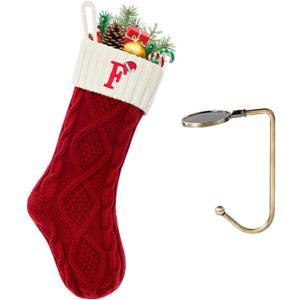 Christmas Stockings with Initials, Letter F Embroidered Xmas Stockings, 18" Large Monogram Knitted Xmas Stocking, Christmas Party Fireplace Family Hanging Stocking Decorations,1 Pcs, Red-White