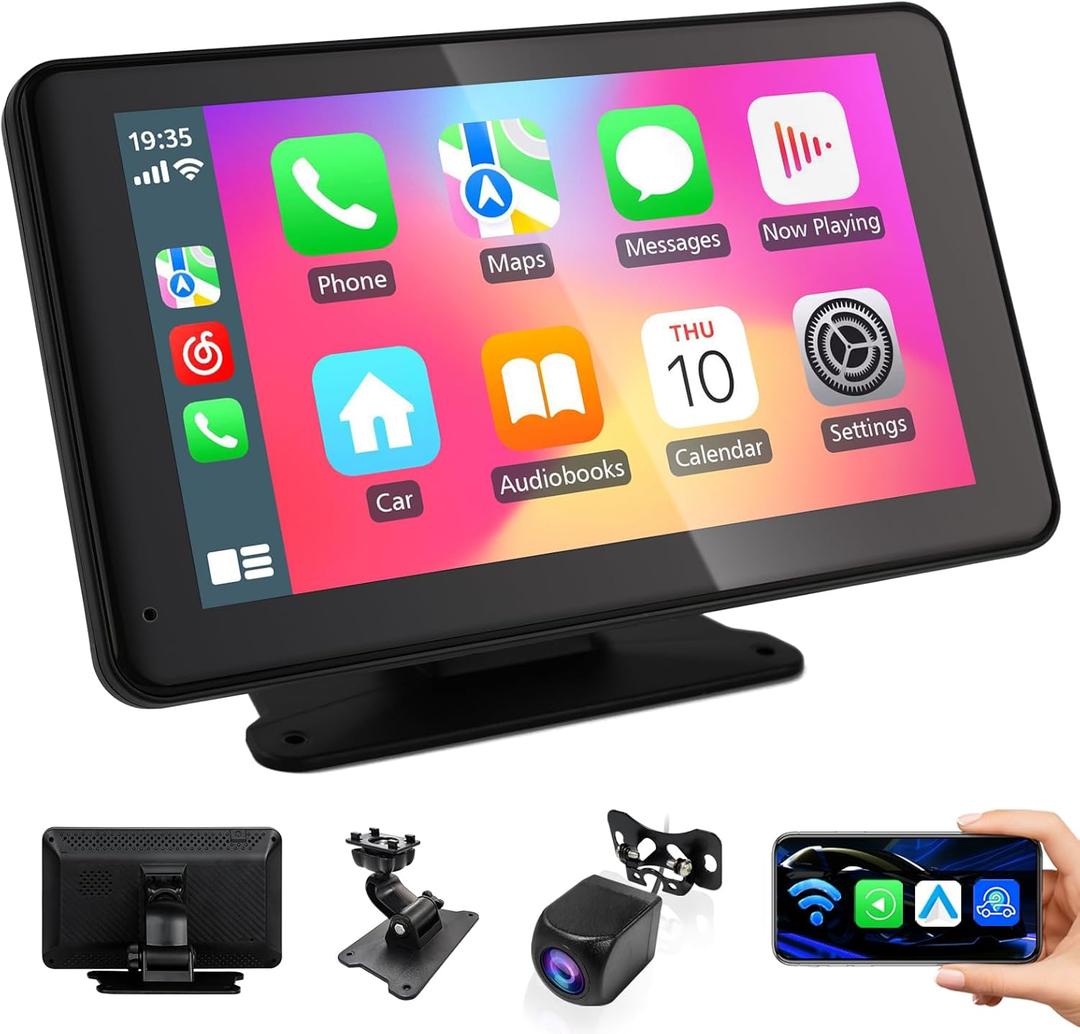 Portable Wireless Carplay Car Stereo, 7 inch HD Touchscreen for All Vehicles,with Apple CarPlay & Android Auto with Backup Camera/Mirror Link/Voice Control/Bluetooth/GPS/AUX/FM Satellite Radio