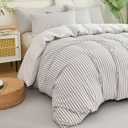Luxury Grey Comforter Set Queen - Washed Microfiber 3 Pieces Jacquard Bedding, White & Grey Vertical Ticking Stripes Pattern Comforter with 2 Pillowcases, Soft Breathable Durable Comfy