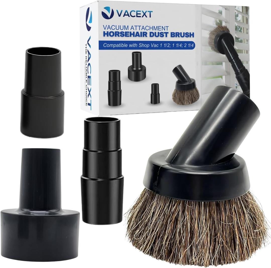 1.25 Inch Premium Soft Horse Hair Vacuum Brush Plus Vacuum Hose Adapter Kit Compatible with Shop Vac Hose 2-1/2'' & 1-1/4'' - Vacuum Attachment for Car Detailing, Furniture & Baseboards